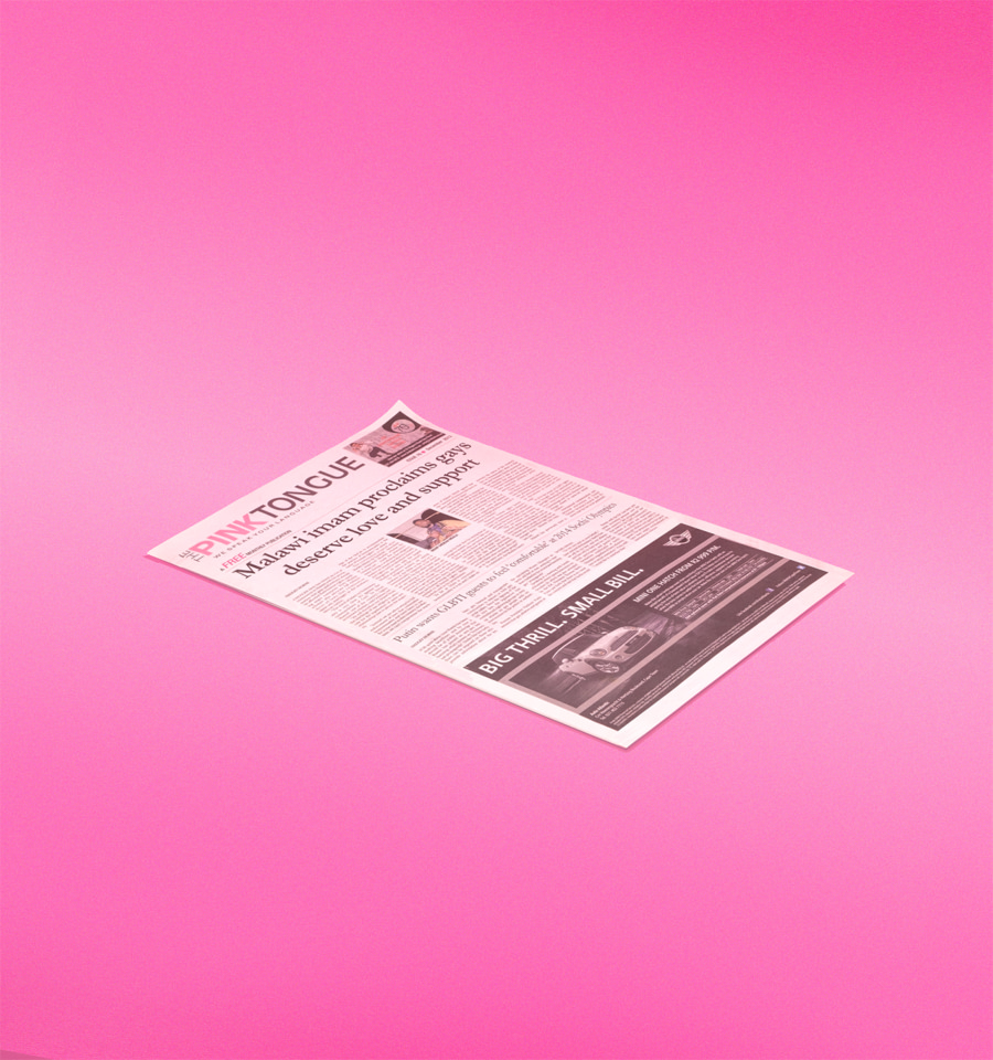 Art directed, isometric photograph of The Pink Tongue LGBTIQ newspaper, publisher of the Squeers comic, on a pink background.