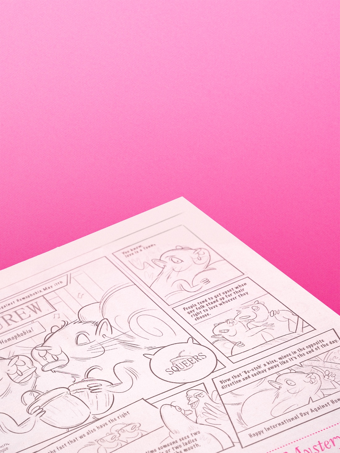 Squeers comic strip episode celebrating International Day Against Homophobia with illustration and copy by Roberto Millan.