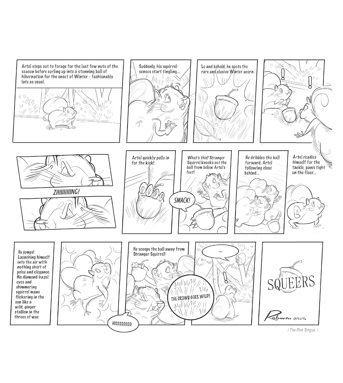 Squeers comic strip episode about two squirrels fighting over nuts in the spirit of the Soccer World Cup by Roberto Millan.