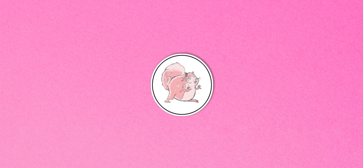 Circular cut-out illustration by Roberto Millan of a pink squirrel and gay Squeers protagonist Artel on pink paper.