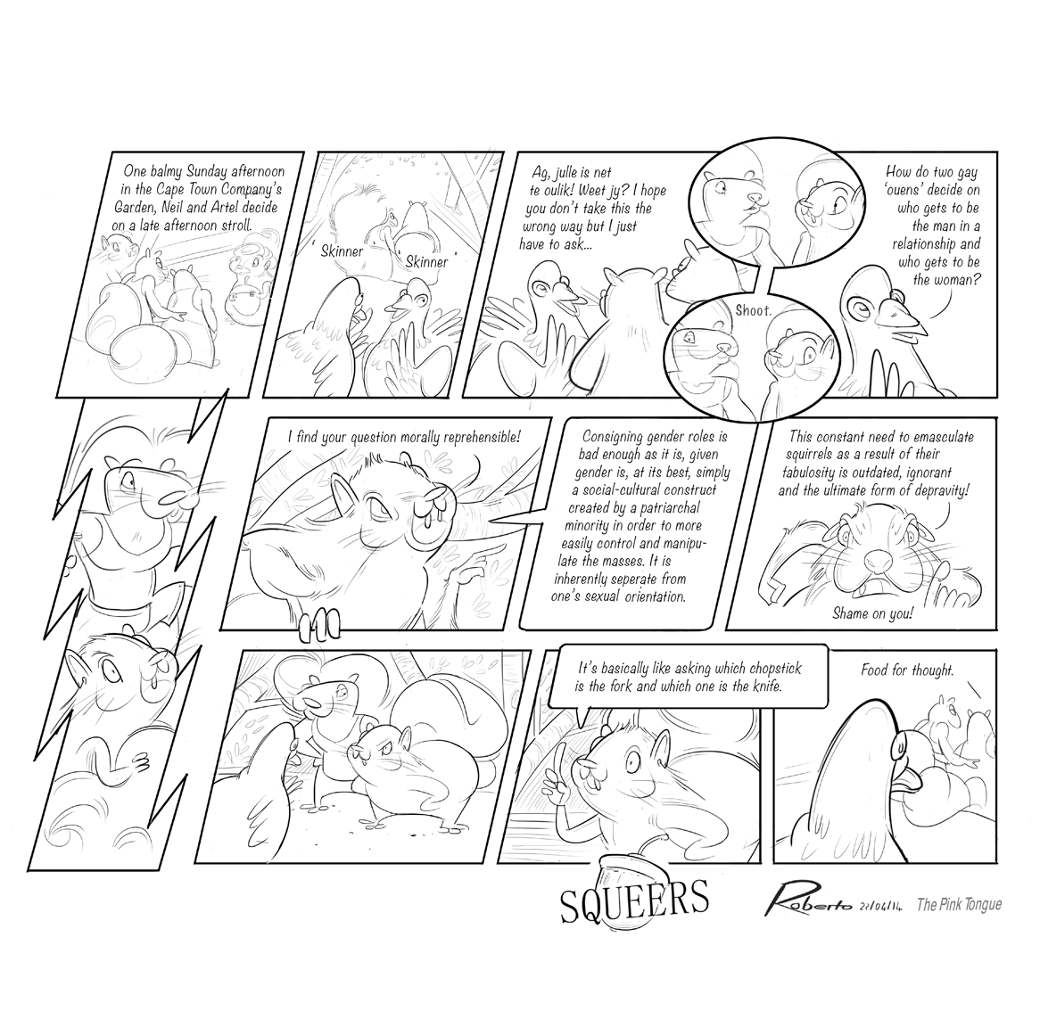 Squeers comic strip episode about squirrels Neil & Artel being asked who is the man in their relationship by Roberto Millan.