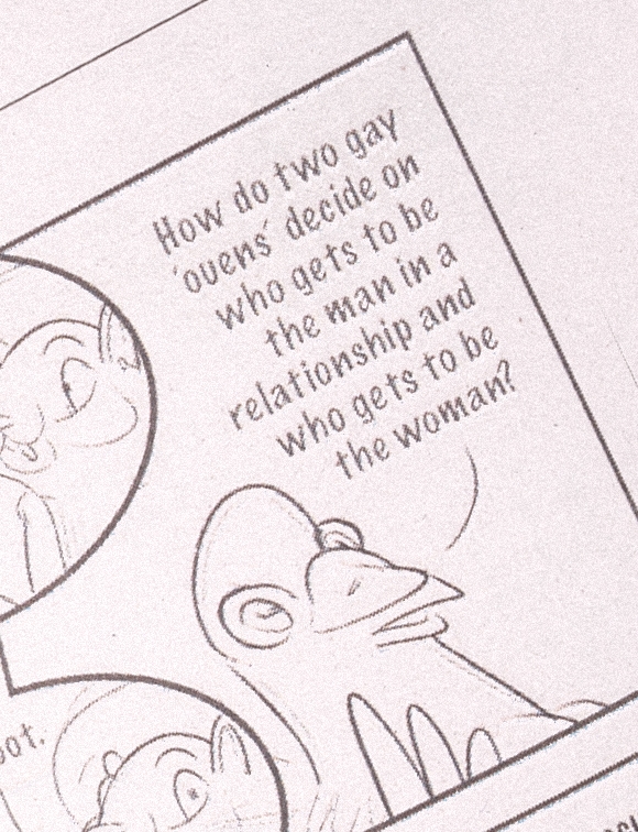 Detail of a Squeers comic strip episode by Roberto Millan with a pigeon asking who the man is in Artel's gay relationship.