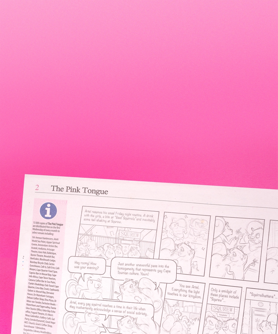 Cropped photo of a Squeers comic about the homogeneity of the gay social scene in Cape Town by Roberto Millan on pink paper.