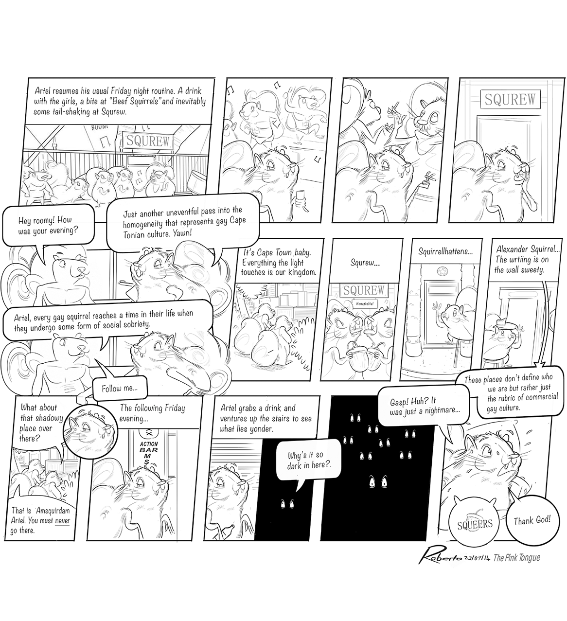 Full comic episode of Squeers regarding the homogeneity of the gay social scene in Cape Town by Roberto Millan.