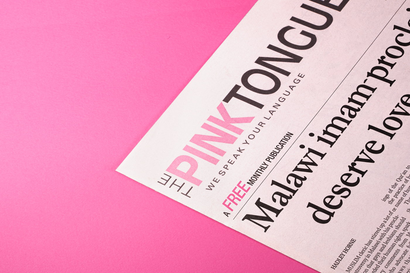 Art directed, cropped photograph of The Pink Tongue LGBTIQ newspaper, publisher of the Squeers comic, on a pink background.