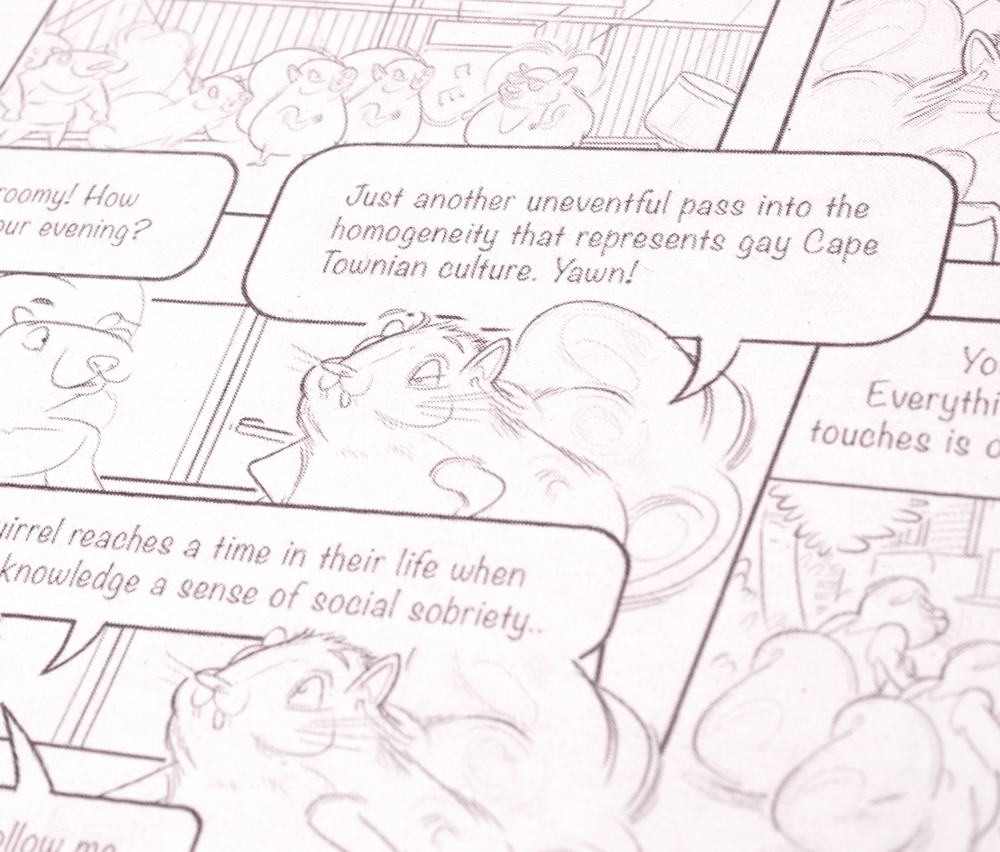 Detail of a Squeers comic strip illustration with Artel complaining about the gay scene in Cape Town by Roberto Millan.