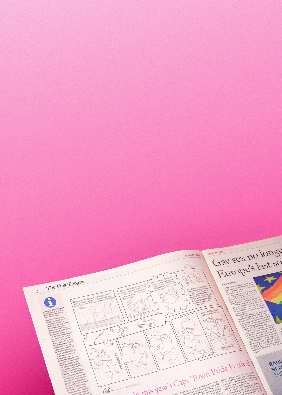 Cropped photo of a Squeers comic by Roberto Millan on a pink background with Neil & Artel watching Olympic figure skating.