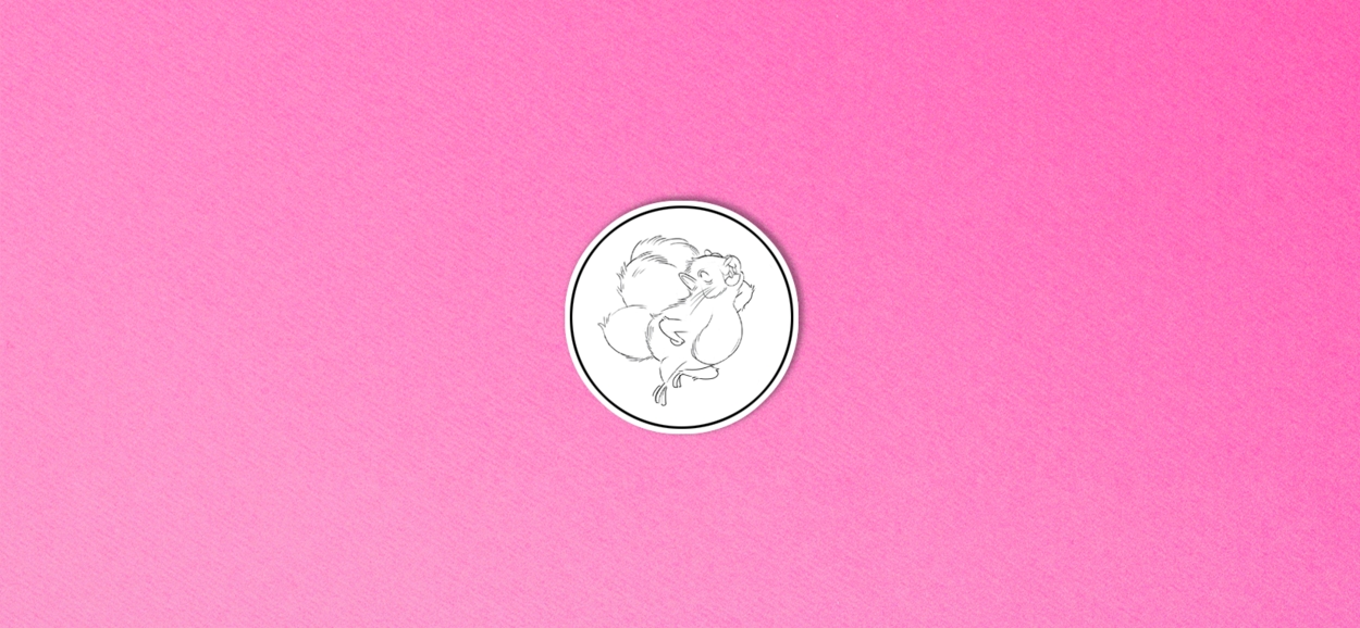 Circular cut-out illustration by Roberto Millan on pink paper with fabulous squirrel protagonist Artel jumping into the air.