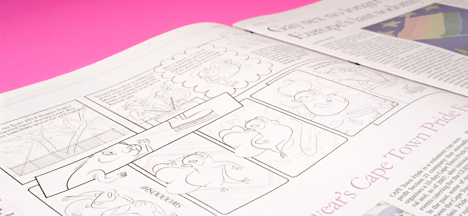 Squeers comic by Roberto Millan in The Pink Tongue on a pink background with Neil & Artel watching Olympic figure skating.