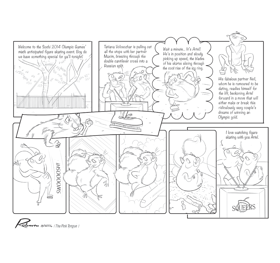 Squeers comic strip by Roberto Millan with protagonists Neil & Artel watching Olympic figure skating.