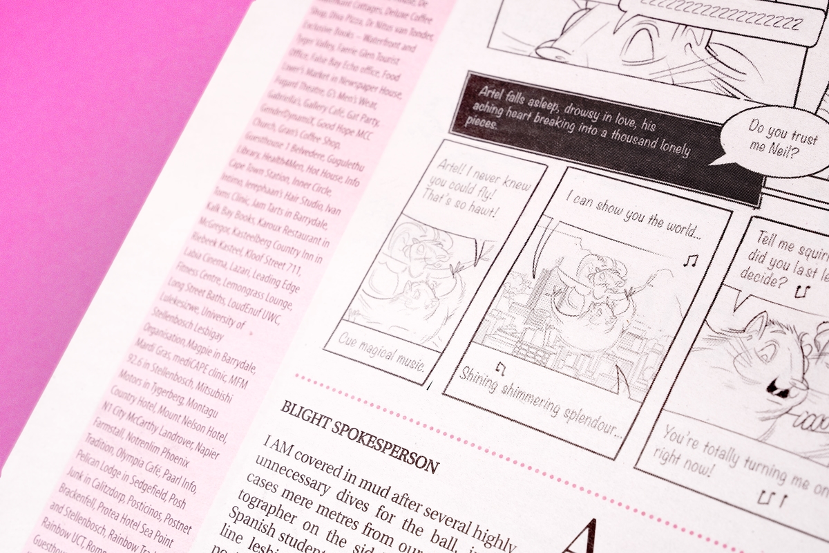 Cropped photo on pink background of a Squeers comic episode by Roberto Millan about a magic carpet ride dream sequence.