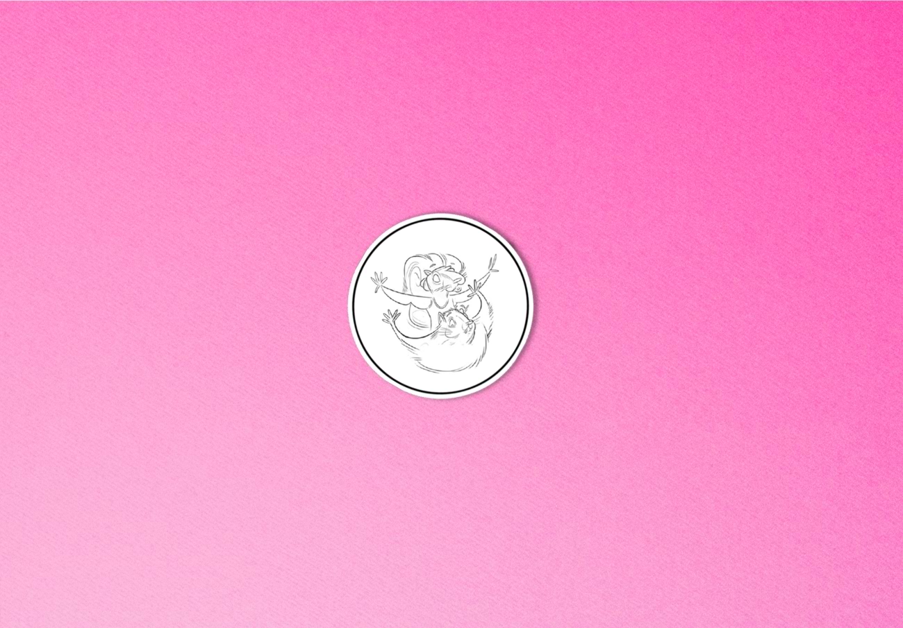 Circular cut-out illustration by Roberto Millan on pink paper with Artel as a flying squirrel in Aladdin dream reference.