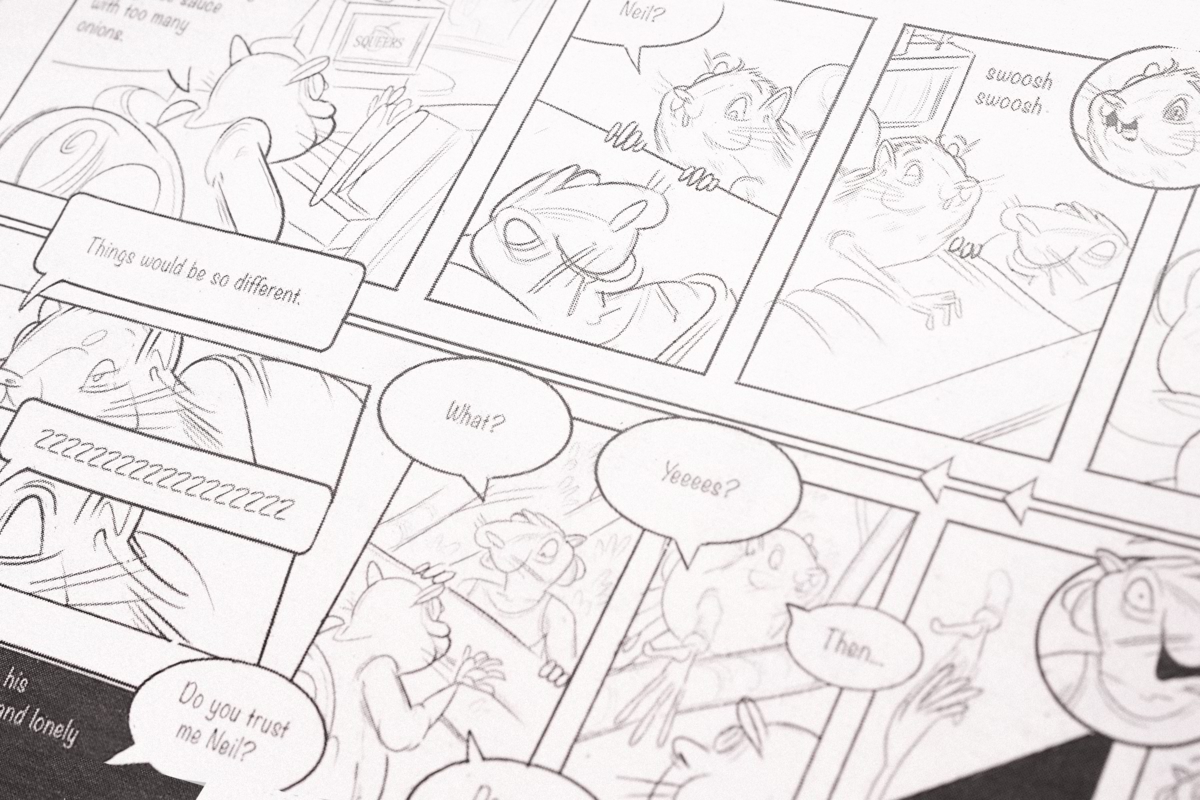 Detail of Squeers comic strip epsiode with concept, copy and editorial illustration by Roberto Millan.