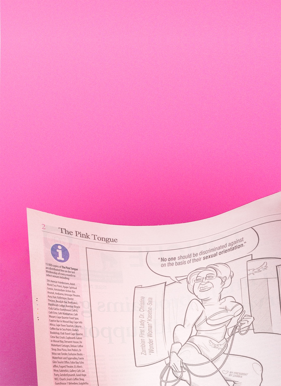 Editorial cartoon by Roberto Millan in The Pink Tongue about support for LGBTQ communities by president of Zambia's wife.