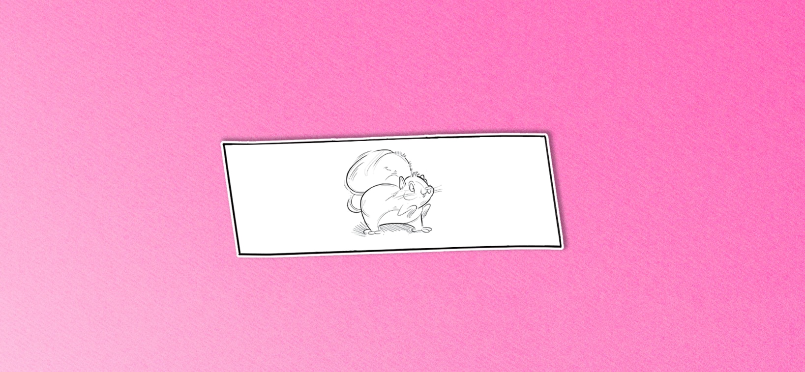 Rectangular cut-out and art direction with illustration of Squeers protagonist Artel on pink paper by Roberto Millan.