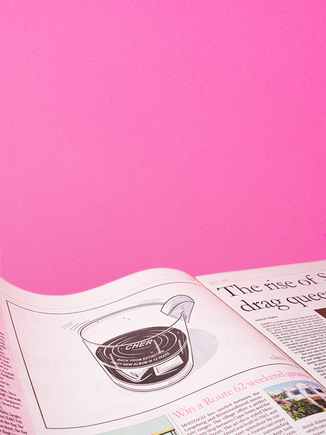 Editorial cartoon by Roberto Millan in the Pink Tongue newspaper about a new album by LGBTI and gay icon Cher.