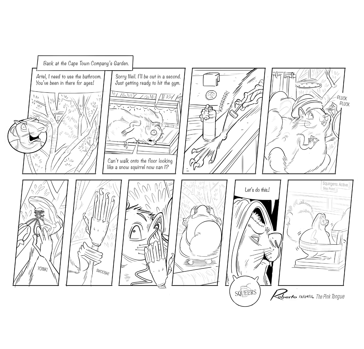 Squeers comic strip by Roberto Millan with illustration of protagonist Artel taking hours to prepare for the gym.