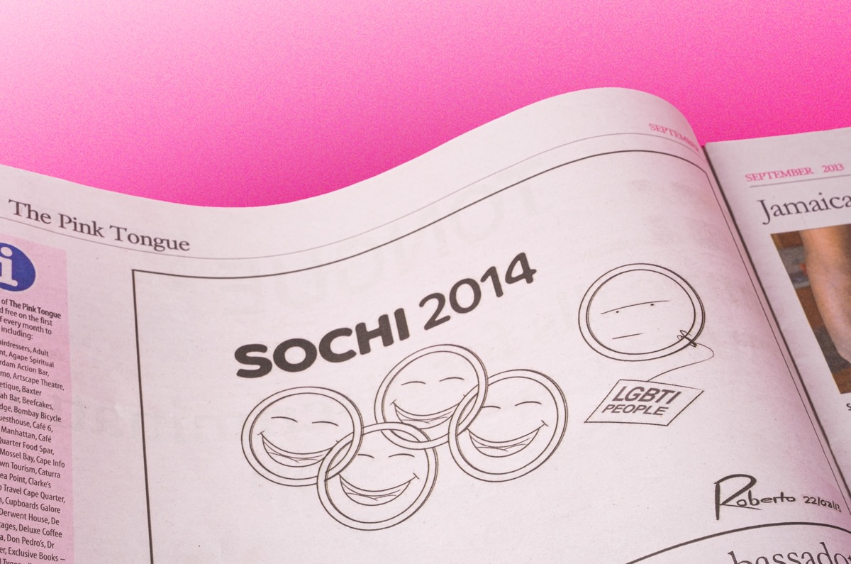 Editorial illustration by Roberto Millan in the Pink Tongue of homophobia at the Sochi Olympics using missing logo ring. 