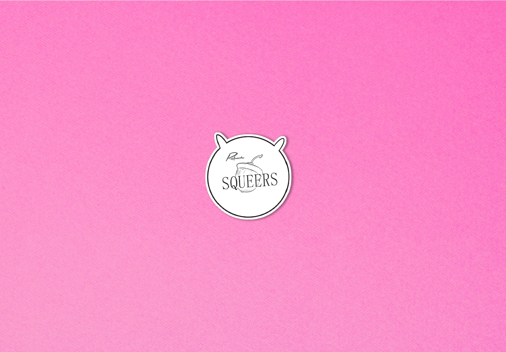 Squeers LGBTIQ comic strip logo with acorn illustration and Roberto Millan signature on pink background.