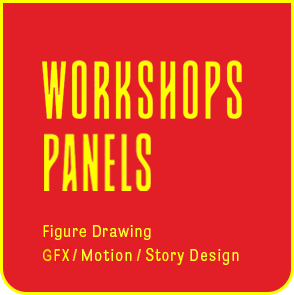 Workshops and Panels home page portfolio menu tile in yellow.