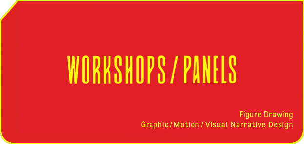 Workshops and Panels home page portfolio menu tile in yellow.