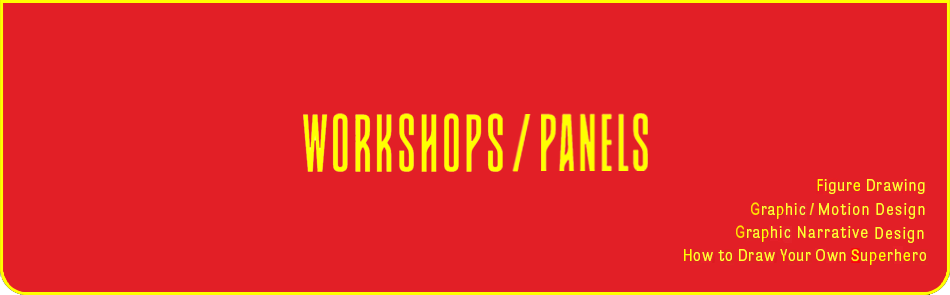 Workshops and Panels home page portfolio menu tile in yellow.